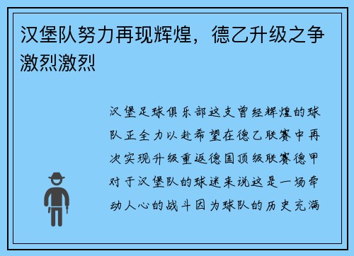 汉堡队努力再现辉煌，德乙升级之争激烈激烈